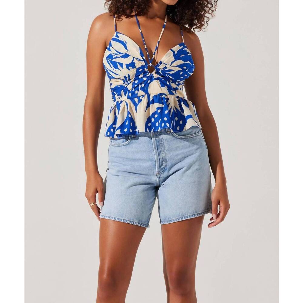 NEW ASTR minka linen-blend peplum top in blue tropical